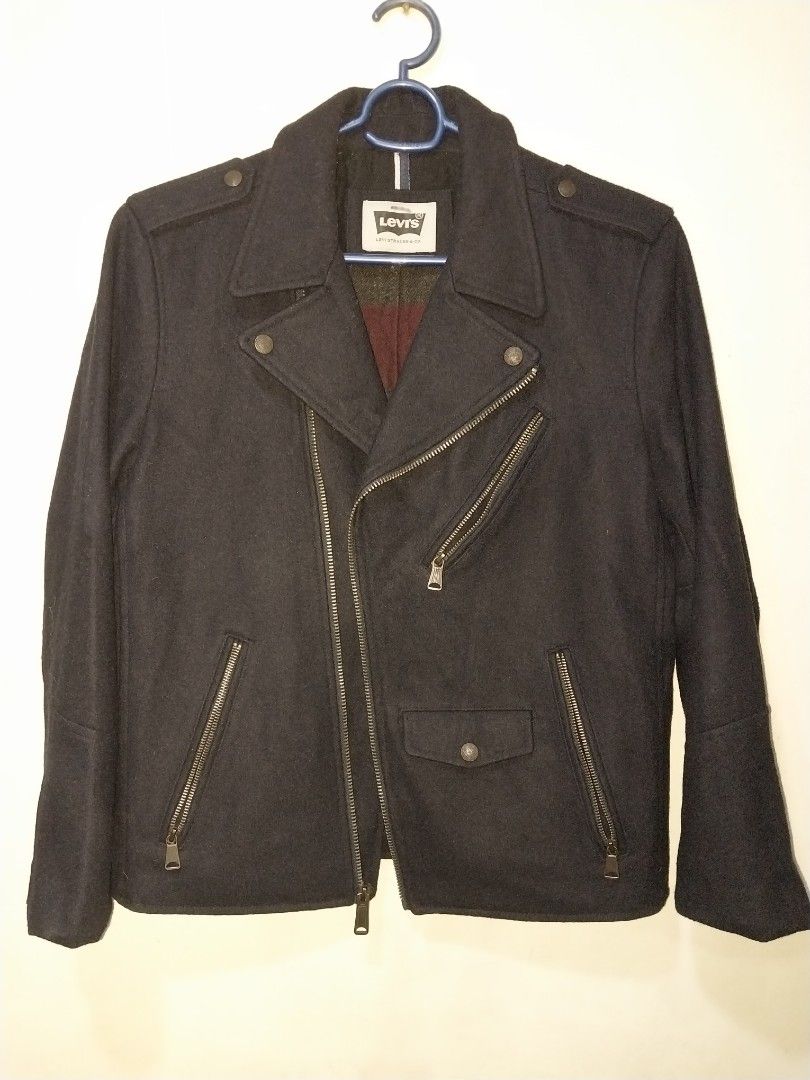 Levi's Navy Blue Wool Blend motor Jacket (Category: Coats, Jackets and Outerwear) located in Manila. Submitted by PrinceDani.Clothing (Listing ID 1462486804, Image 3). Description: - Classic Levi's biker jacket style - Navy blue color - Comfortable wool blend material - Features zippered pockets and a snap-button flap pocket - Fully lined interior for added warmth - Ideal for layering over outfits small on tag medium fit 21.5in width 24.5in lengt