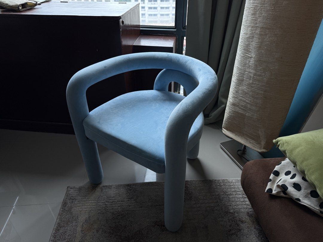 Light Blue Velvet Accent Chair (Category: Chairs) located in Manila. Submitted by sn00pyboopy (Listing ID 1462504614, Image 2). Description: Sculptural light blue velvet accent chair featuring a chunky tubular frame and arched backrest design. RFS: Lack of space Negotiable for interested buyers!.