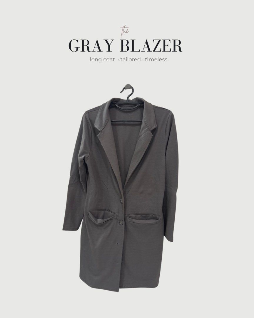 Longline Gray Blazer/Coat | XS-M (Category: Coats, Jackets and Outerwear) located in Bulacan. Submitted by _bythepetitecollective (Listing ID 1462520446, Image 1). Description: A classic long coat in a versatile dark gray shade, featuring a clean and structured silhouette. Easy to layer over dresses, skirts, trousers, or everyday outfits for a polished and sophisticated look. A timeless outerwear staple for cooler days. The material is thick! .