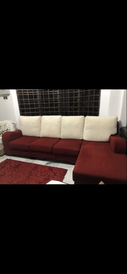 L-shape Sofa (Category: Sofas) located in Serendah. Submitted by annie5796 (Listing ID 1462605413, Image 1). Description: L-shape (4 Sitting ) Sofa ( Red/ Beige) With extra sofa cover .