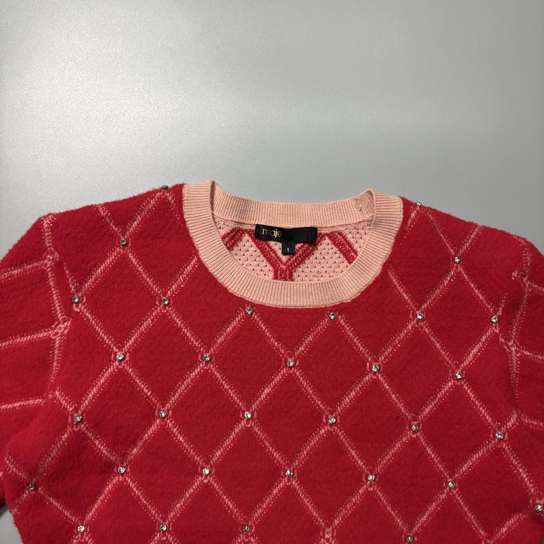 Maje Red Argule Rhinestones Knit Top (Category: Blouses) located in Tayabas. Submitted by bayabaskartell (Listing ID 1462443233, Image 2). Description: Missing 1 diamond .