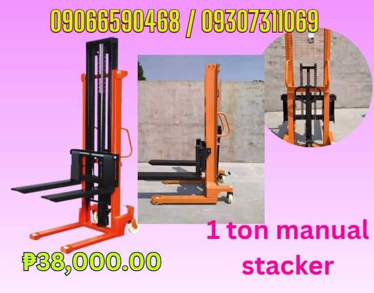 manual stacker for sale 1ton capacity (Category: Looking For) located in Pasig City. Submitted by bhabeyf20983 (Listing ID 1462518811, Image 1). Description: Load capacity:1000kg max.lifting height:1600mm Lowest fork height:100mm Fork adjustable width:200-580mm Leg inner width:580mm Leg overall width:730mm Fork length:900mm Leg ground clearance:90mm Fork ground clearance:60mm Lifting speed:20mm/s Descent speed:adjustable Turning radius:≤1380mm Ov