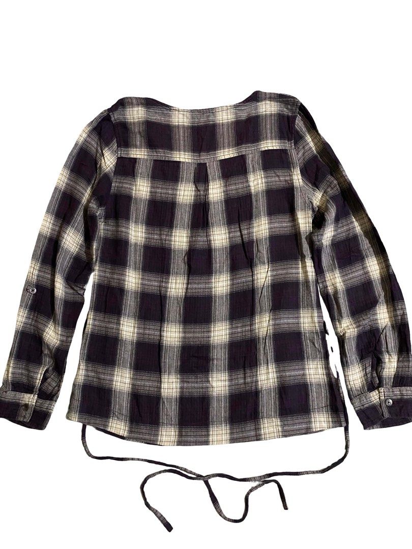 Marks & Spencer Indigo Collection Plaid/Checkered Boho Blouse (Category: Blouses) located in Manila. Submitted by thrift.bell (Listing ID 1462624784, Image 2). Description: size : fits Medium (no size tag, based on measurements) width : 16.5 inch length : 23.5 inch sleeve length : 23 inch Color Rate: 9.5/10 Vibrant dark purple / plum & cream plaid features : beautiful embroidery & beadwork neckline, waist tie strings, chest pockets, adjustable ro