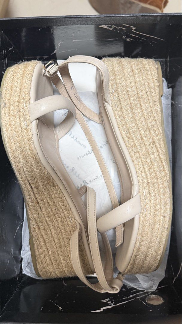 Matthews Beige Espadrille Wedge Sandals (Category: Wedges) located in Valenzuela. Submitted by jam0816 (Listing ID 1462442977, Image 1). Description: Comfortable platform sole for all-day wear! There’s a small chip but is covered with toes when worn. Comes with its original box. Bought in SM.