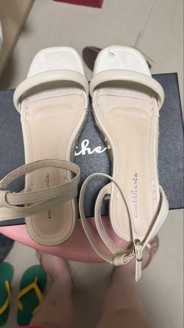 Matthews Beige Espadrille Wedge Sandals (Category: Wedges) located in Valenzuela. Submitted by jam0816 (Listing ID 1462442977, Image 3). Description: Comfortable platform sole for all-day wear! There’s a small chip but is covered with toes when worn. Comes with its original box. Bought in SM.