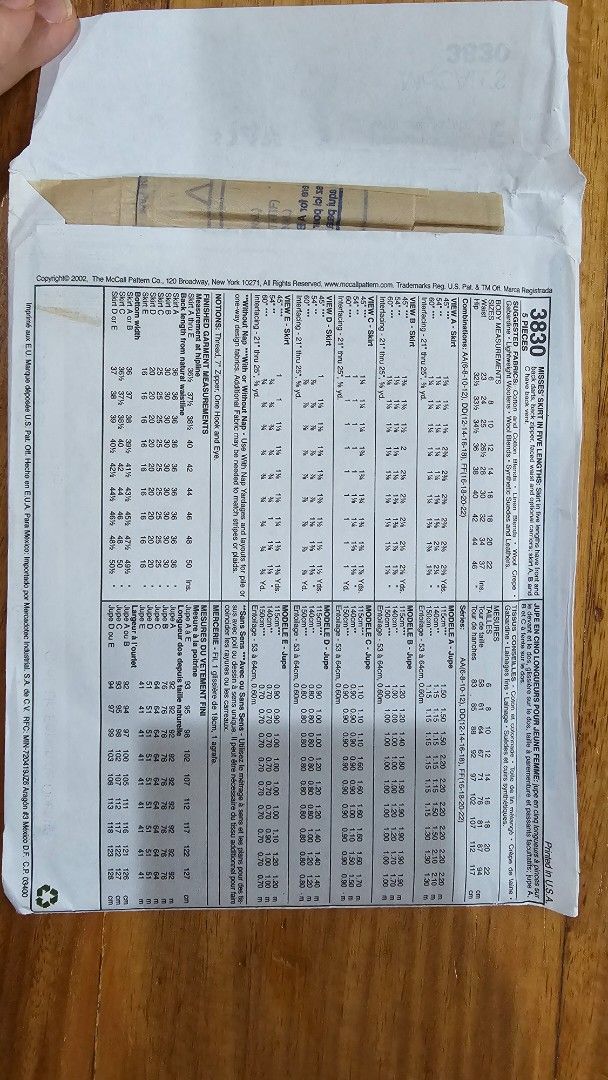 McCall's 3830 Quick & Easy Skirts Sewing Pattern AA (6-8-10-12) (Category: Craft Supplies & Tools) located in Quezon. Submitted by cgmhe (Listing ID 1462512502, Image 2). Description: - McCall's 3830 sewing pattern - For skirts in 5 different lengths (A, B, C, D, E) - Quick & Easy design - Size AA (fits US sizes 6, 8, 10, 12) - All pattern pieces are uncut and ready to use - Perfect for DIY skirt projects!.