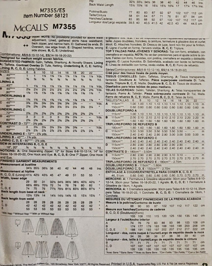 McCall's M7355 E5 Sewing Pattern - Dresses and Skirts (Category: Craft Supplies & Tools) located in Quezon. Submitted by cgmhe (Listing ID 1462516117, Image 2). Description: - McCall's Sewing Pattern M7355 - For Misses' Dresses and Skirts - Includes Sizes E5 (14-16-18-20-22) - Recommended Fabrics: Medium weight woven fabrics - Ideal for creating formal dresses or skirts - All pattern pieces are included.