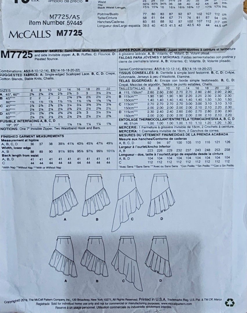 McCall's M7725 Skirt Sewing Pattern Sizes 6-22 (Category: Craft Supplies & Tools) located in Quezon. Submitted by cgmhe (Listing ID 1462512130, Image 2). Description: - McCall's sewing pattern M7725 - For misses' skirts - Style options: A-line, ruffled, and flounce skirts - Features invisible side zipper - Available in sizes 6 through 22 - Perfect for creating custom skirts.