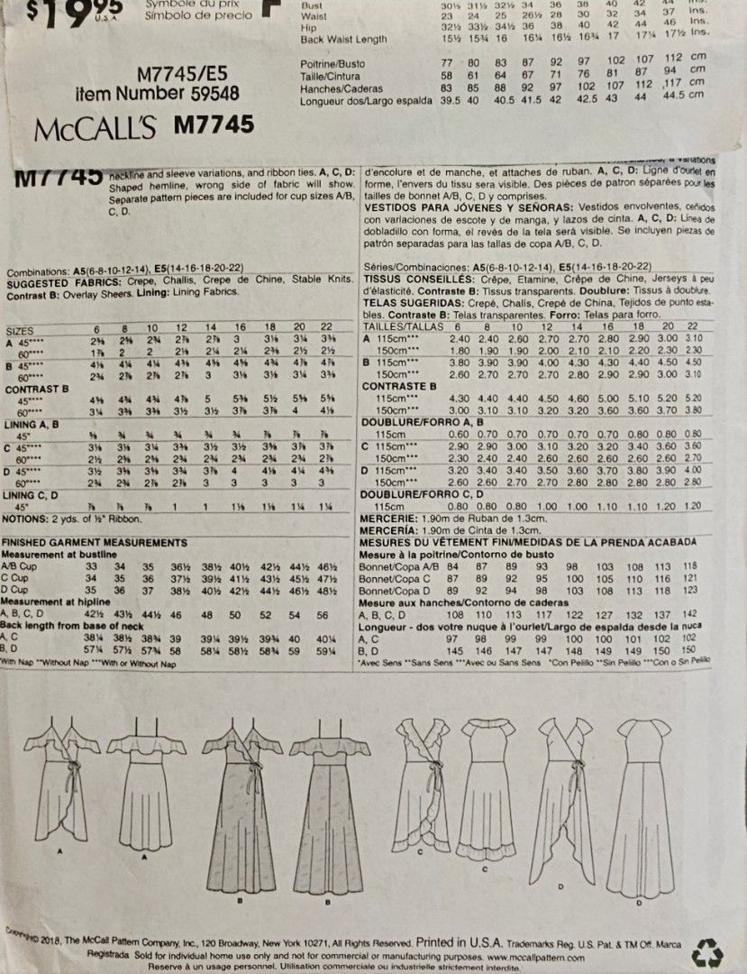 McCall's M7745 Sewing Pattern - Women's Dresses (Category: Craft Supplies & Tools) located in Quezon. Submitted by cgmhe (Listing ID 1462516984, Image 2). Description: - McCall's sewing pattern M7745 - For misses' sizes E5 (14-16-18-20-22) - Design beautiful wrap dresses with ruffles and ties - Multiple options: A, B, C, and D - Recommended for lightweight to medium-weight woven fabrics - Sewing instructions included.