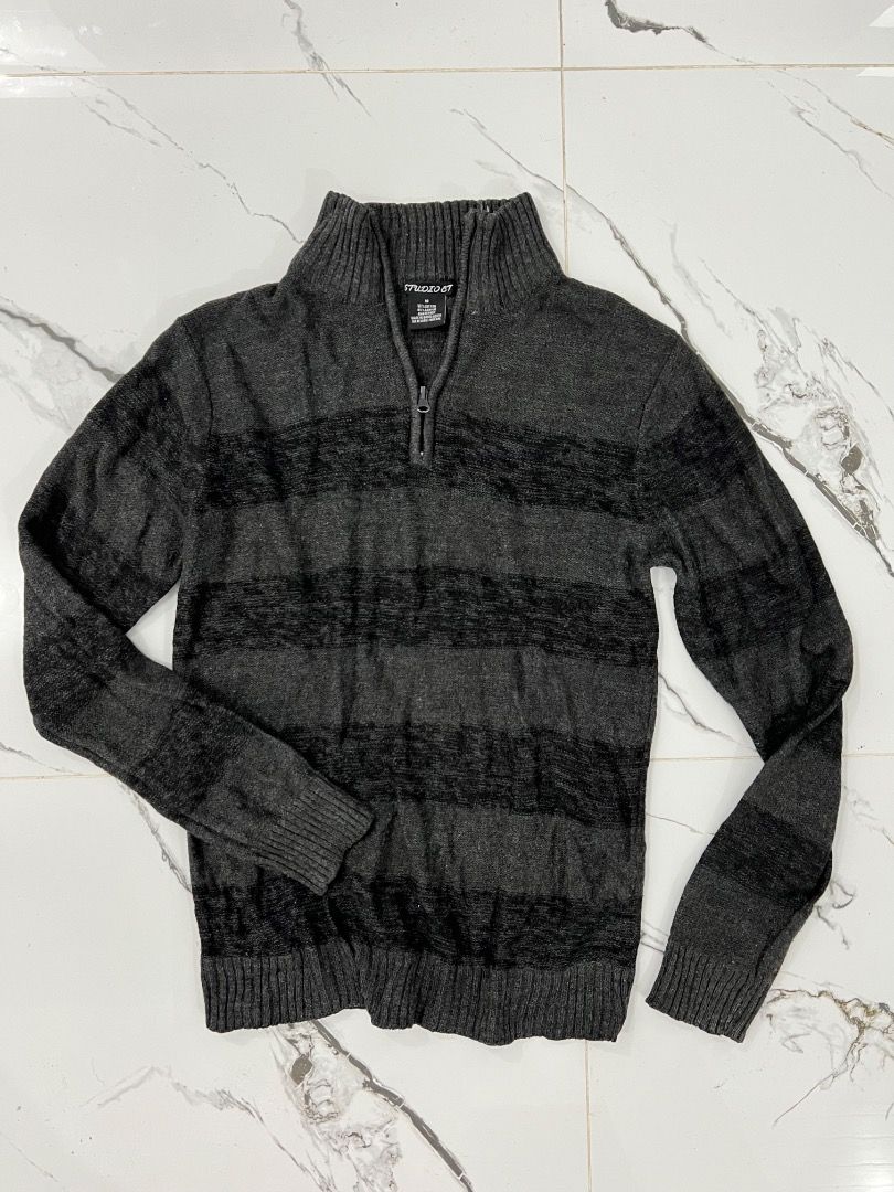 Men's Striped Quarter Zip Sweater (Category: Coats, Jackets and Outerwear) located in Baguio. Submitted by pureearth.5f1c08 (Listing ID 1462533401, Image 1). Description: - Dark grey sweater with black horizontal stripes - Mock neck with quarter zip closure - Long sleeves with ribbed cuffs and hem - Comfortable knit material - Ideal for layering or wearing solo.