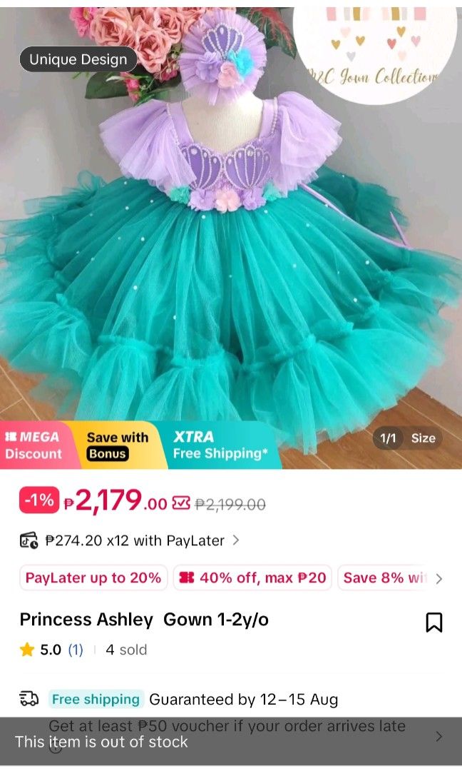 Mermaid Gown for 1-2y.o (Category: Babies & Kids Fashion) located in Pasig City. Submitted by gena_bernisca (Listing ID 1462546103, Image 2). Description: Once used only during my daughter's 1st birthday. Comes with head dress..