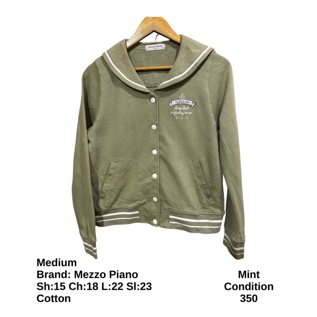 Mezzo Piano Snap Button Sailor Collar Jacket (Category: Coats, Jackets and Outerwear) located in Bulacan. Submitted by rlemonfashionshop (Listing ID 1462596735, Image 1). Description: Premium Class Quality Items. Actual Item on Photo with Good/Mint Condition. Message us for inquiries, more information and confirmation. Wash before wearing. Thank you so much..