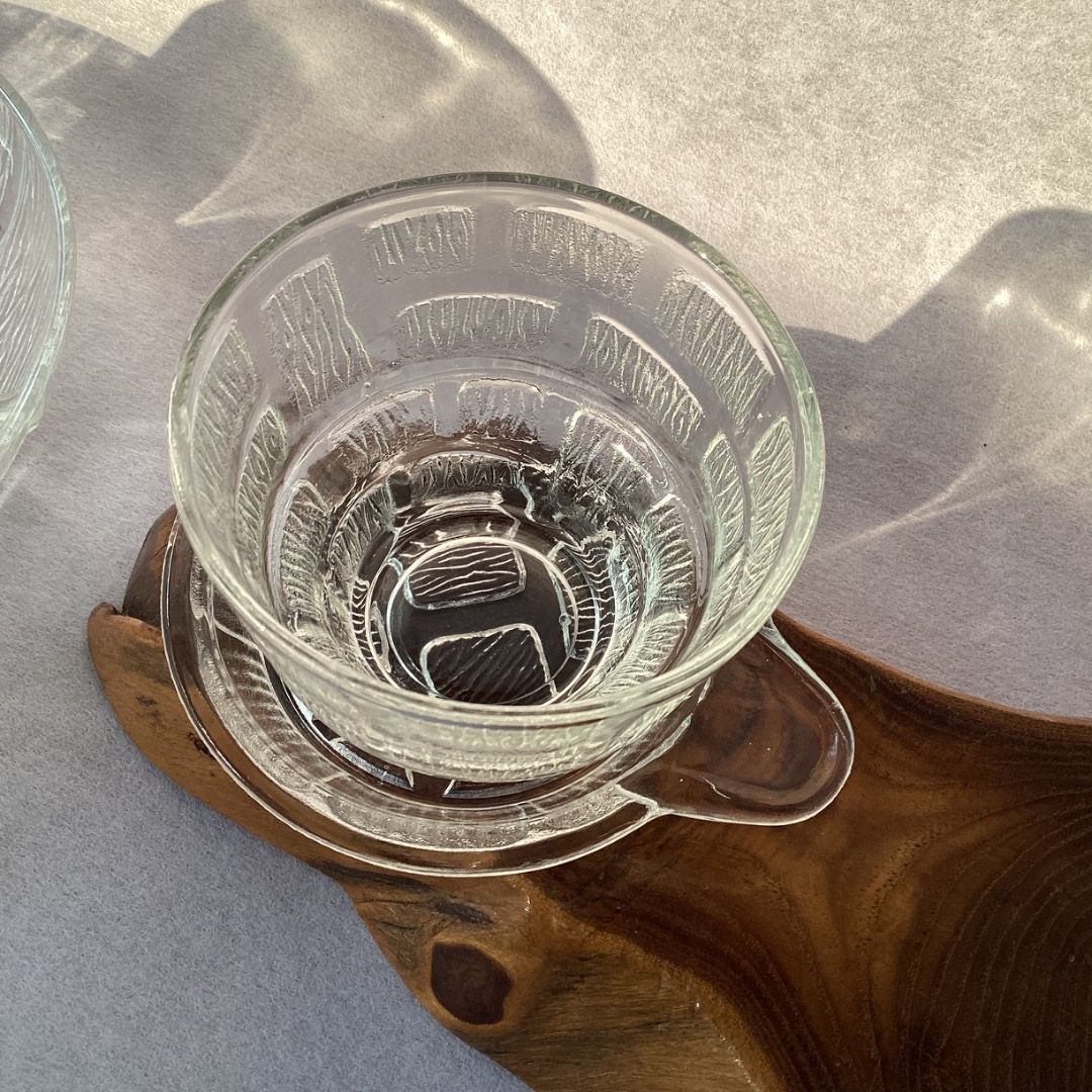 Mid-Century Modern Textured Glass Snack Set (Category: Coffee & Tea Tableware) located in Davao. Submitted by atbpshop192593 (Listing ID 1462649692, Image 3). Description: Php350/set (3 Cups & saucers; 1 Shallow bowl) Mid-Century Modern Textured Glass Snack Set Cup H: 2.5 inches L: 3.2 inches Capacity: 160 ml Saucer L w/ handle: 4.5 inches Server H: 1.3 inches L: 7 inches Please REVIEW PHOTOS We use 100% repurposed packaging materials SF starts a