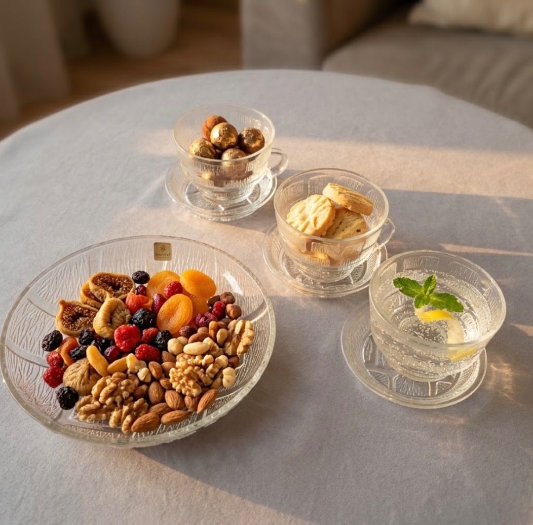 Mid-Century Modern Textured Glass Snack Set (Category: Coffee & Tea Tableware) located in Davao. Submitted by atbpshop192593 (Listing ID 1462649692, Image 2). Description: Php350/set (3 Cups & saucers; 1 Shallow bowl) Mid-Century Modern Textured Glass Snack Set Cup H: 2.5 inches L: 3.2 inches Capacity: 160 ml Saucer L w/ handle: 4.5 inches Server H: 1.3 inches L: 7 inches Please REVIEW PHOTOS We use 100% repurposed packaging materials SF starts a