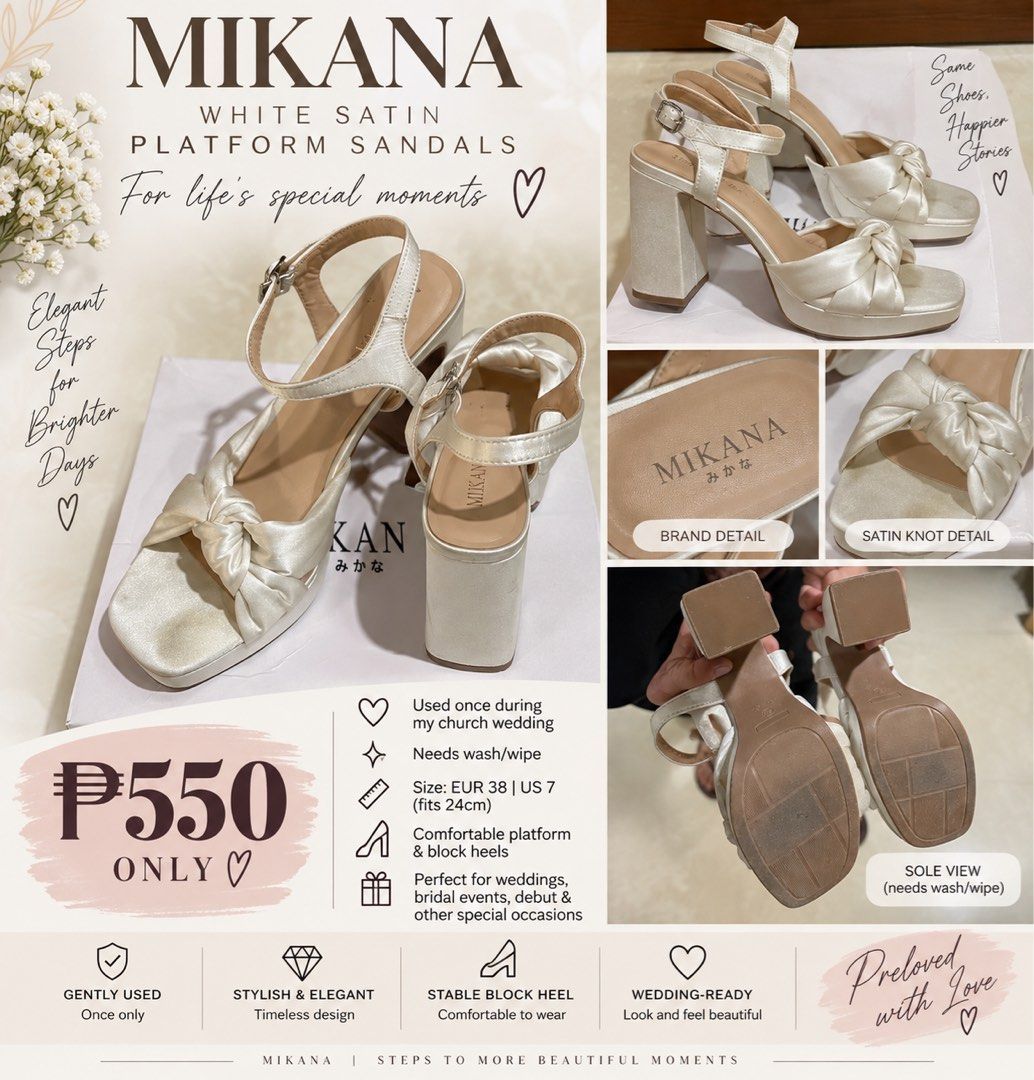 Mikana Platform Sandals (Category: Heels) located in Minglanilla. Submitted by mi_jin (Listing ID 1462518667, Image 1). Description: 👰 Used Once – Church Wedding Use Only 👡 Elegant White Satin Platform Heels 📏 EUR 38 | US 7 | Fits 24cm 💯 10/10 Structure, Needs Simple Wash/Wipe ✨ Comfortable Block Heels 💍 Perfect for Weddings, Bridal Events, Debut & Formal Occasions.