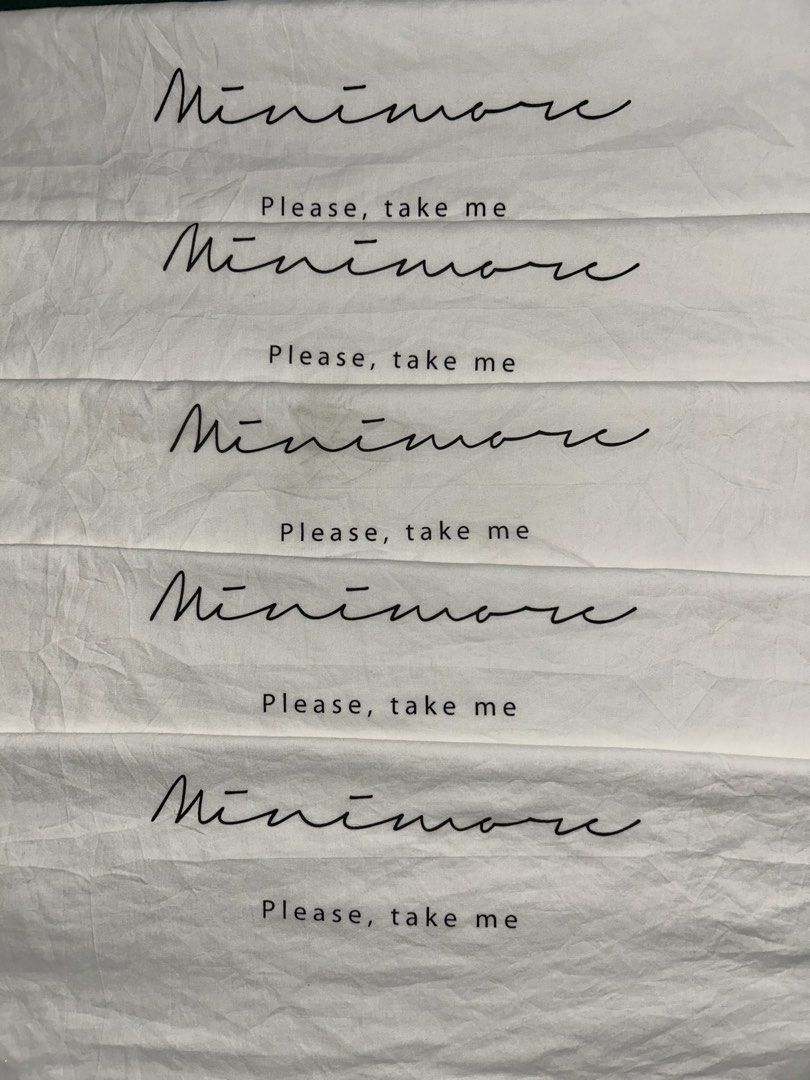 Minimore Dust Bag (5pcs) (Category: Purses & Pouches) located in General Santos City (Dadiangas). Submitted by grasya_12 (Listing ID 1462500558, Image 1). Description: - White dust bag from Minimore - Features brand name and 'Please, take me' print - Secure drawstring closure - Ideal for storing shoes or accessories - Approximate dimensions: 23.9 inches (length) x 20.4 inches (width) 5pcs total .