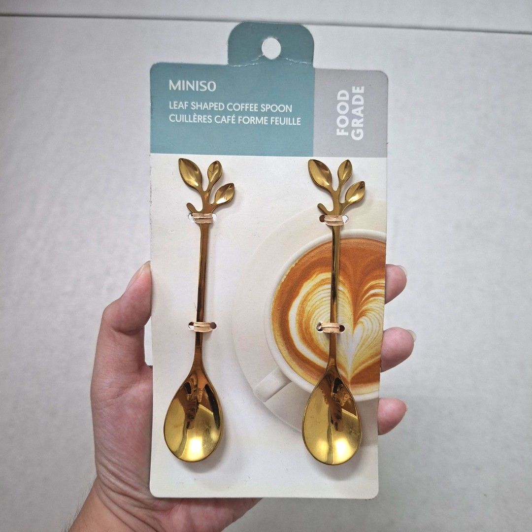 MINISO Leaf Shaped Coffee Spoon 2 pcs (Category: Coffee & Tea Tableware) located in Manila. Submitted by ic_itsme (Listing ID 1462637789, Image 1). Description: never been used still in original packaging (a bit dirty due to being stored for so long).