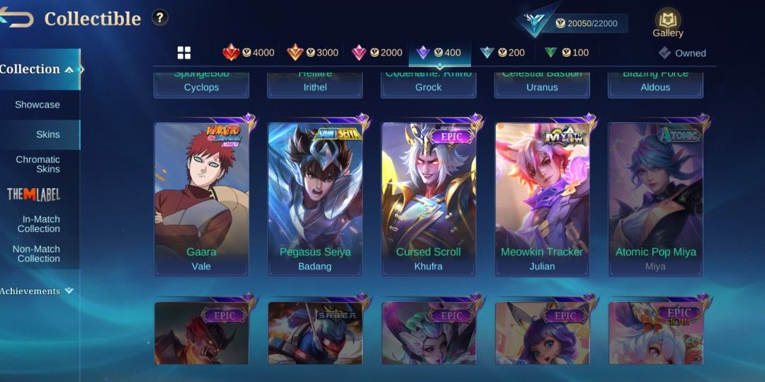 MLBB Account number / 106 Skins / Mythical Glory (Category: Game Gift Cards & Accounts) located in Manila. Submitted by rhuben_ (Listing ID 1462507042, Image 3). Description: 🔥 MLBB ACCOUNT FOR SALE 🔥 • Mythical Glory – 51 pts • 87 Heroes • 106 Skins • Collection Score: 20,050/22,000 • Maraming Epic, Anniversary, Blazing, Special at event/collab skins • May Gaara, Saint Seiya, SpongeBob at iba pa 💰 ₱8,000 — negotiable 📩 PM seriou.