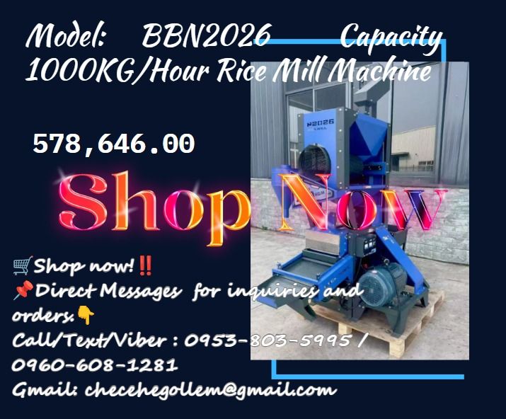 Model: BBN2026 Capacity 1000KG/Hour Rice Mill Machine (Category: Construction Tools & Equipment) located in Caloocan City. Submitted by truehawk_e87a47 (Listing ID 1462496005, Image 1). Description: •Specification •Model: BBN2026 •Capacity: 1000kg/hour •Power Require : 25hp •Gross Weight: 453kgs •Spindle Speed : 3400-3700RPM/MIN •Mesh Size : Rice mill sieve 1.3mm , 1.0mm .