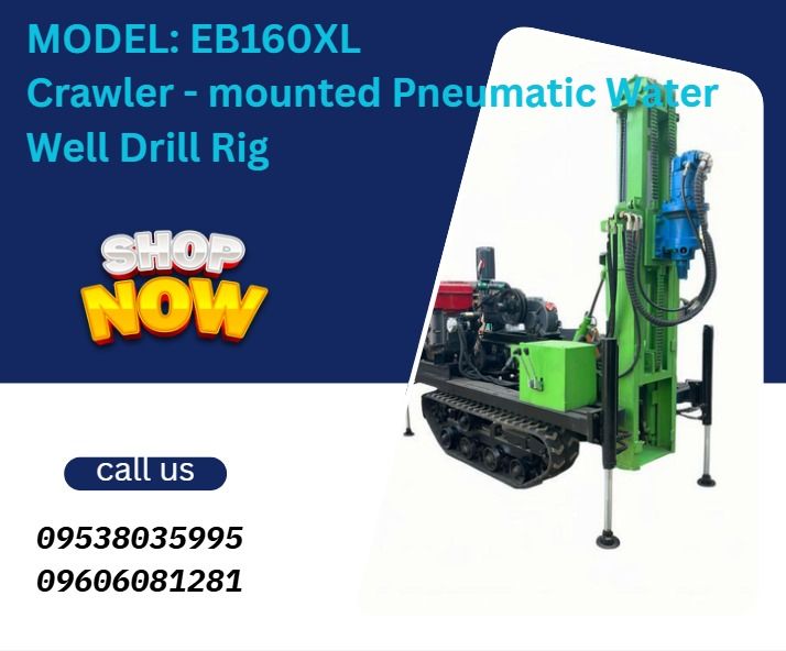 MODEL: EB160XL Crawler - mounted Pneumatic Water Well Drill Rig (Category: Everything Else Others) located in Caloocan City. Submitted by 09945233960 (Listing ID 1462493435, Image 1). Description: •Max drilling depth: 160m •Max drilling diameter: 100-300mm •Engine brand: CHANGCHAI •Rated power: 25hp •Lifting Force 12T •Speed of fast lifting : 30m/min •Fast feeding speed: 50m/min •One-time advance length: 1.5m •Drilling pipe diameter: 50/60min •Ro