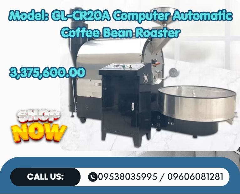 Model: GL-CR20A Computer Automatic Coffee Bean Roaster (Category: Home Improvement Tools & Accessories) located in Aroroy. Submitted by 09602831019 (Listing ID 1462471519, Image 1). Description: ●Model: GL-CR20A Computer Automatic Coffee ●Bean Roaster (Including Bean Delivery Machine) ●Output: 20Kg/time ●Horsepower: 2.2Kw*1. 1.5Kw*1. 0.75Kw*1. 0.38Kw*1. ●Gas consumption: 2.2Kg/Hr. ●Mechanical size: 1800mm*1000mm*3000mm. ●Mechanical weight: 420Kgs