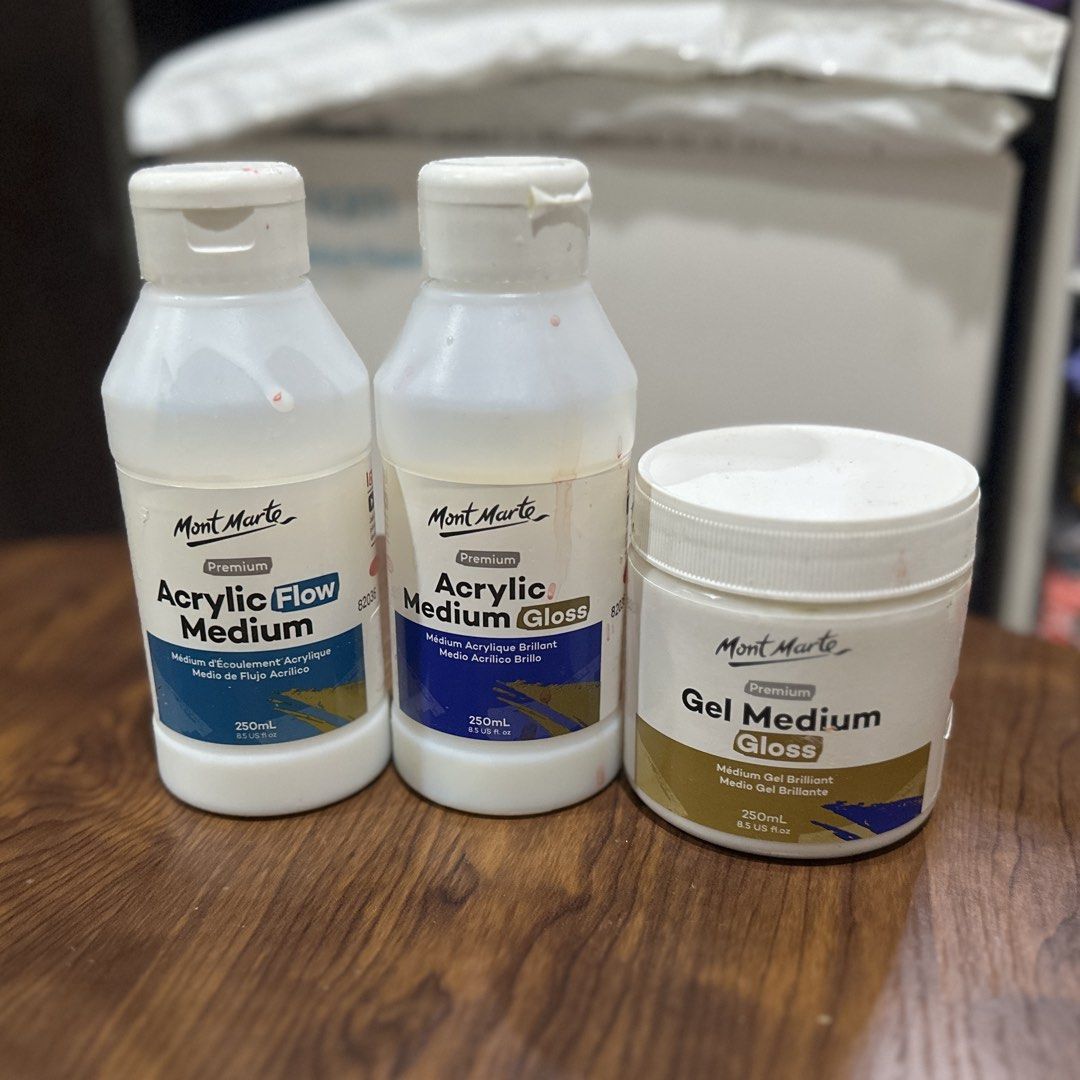Mont Marte Acrylic Paint Set, Mediums (Category: Art & Prints) located in Quezon City. Submitted by gentle_le (Listing ID 1462508458, Image 2). Description: 🔹 Signature Metallic Acrylic Colour Paint Set 24 pc x 36 ml (barely used, most tubes are still sealed) — ₱850 (Original price: ₱1,145) 🔹 Acrylic Pastel Colours 48 pc x 36 ml (lightly used, some tubes are still sealed) — ₱1,250 (OP: ₱1,750) 🔹 3 Mediums: Acrylic Flow Medium 250 ml (lightly u