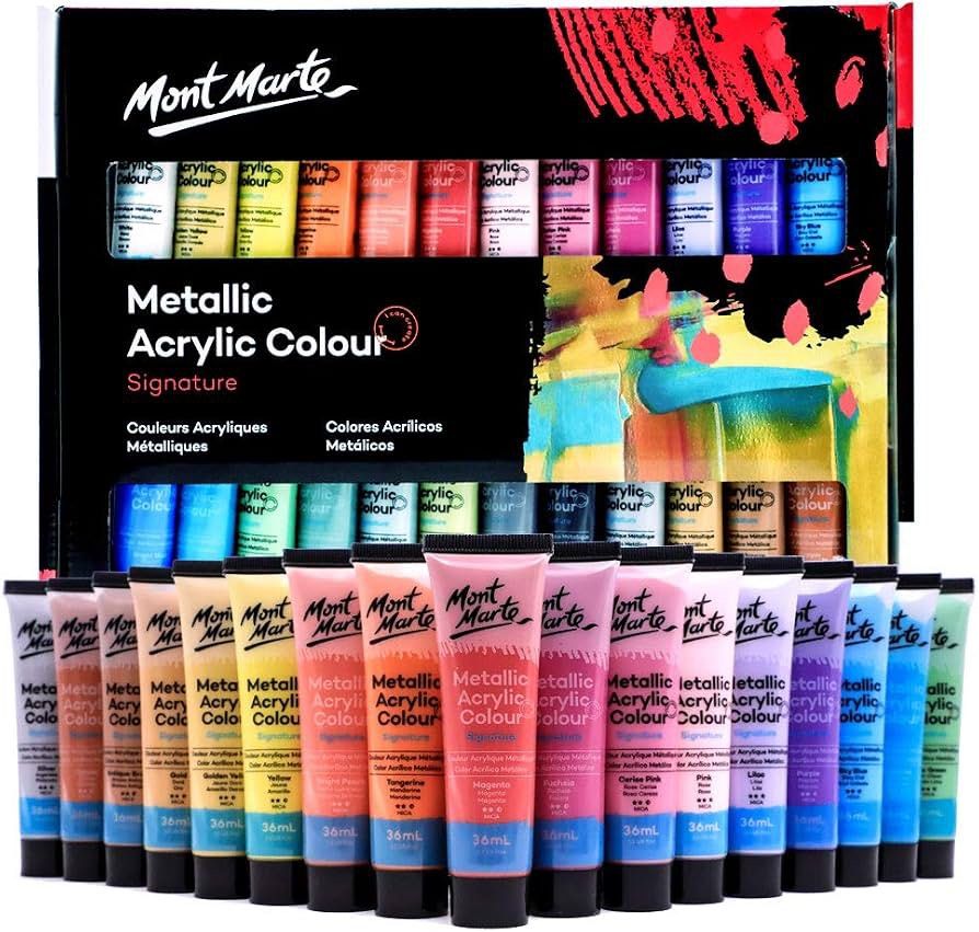 Mont Marte Metallic Acrylic Paint, Mediums (Category: Art & Prints) located in Quezon City. Submitted by gentle_le (Listing ID 1462508458, Image 3). Description: 🔹 Signature Metallic Acrylic Colour Paint Set 24 pc x 36 ml (barely used, most tubes are still sealed) — ₱850 (Original price: ₱1,145) 🔹 3 Mediums: Acrylic Flow Medium 250 ml (lightly used), Acrylic Medium Gloss 250 ml (lightly used), Gel Medium Gloss 250 ml (used) — ₱500 (OP: ₱715).