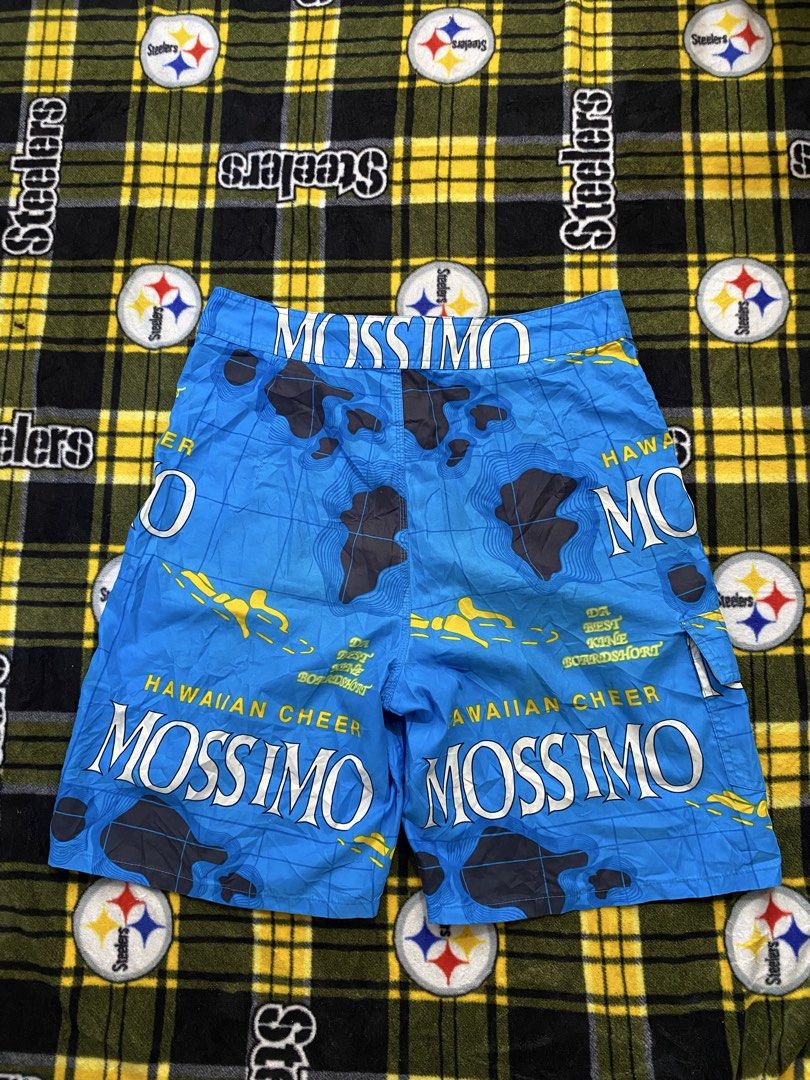 Mossimo, Board shorts (Category: Swim Trunks & Board Shorts) located in Cavite. Submitted by jc_thrift95 (Listing ID 1462642302, Image 2). Description: - a pair of blue Mossimo board shorts featuring a Hawaiian map and surf graphic with white drawstrings. - One under side pockets. - Made in Sri lanka - Color rate 9/10 small stain at pocket. - See details picture for dimes..