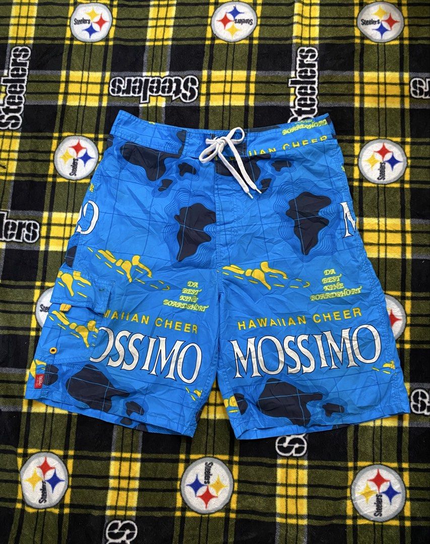 Mossimo, Board shorts (Category: Swim Trunks & Board Shorts) located in Cavite. Submitted by jc_thrift95 (Listing ID 1462642302, Image 1). Description: - a pair of blue Mossimo board shorts featuring a Hawaiian map and surf graphic with white drawstrings. - One under side pockets. - Made in Sri lanka - Color rate 9/10 small stain at pocket. - See details picture for dimes..