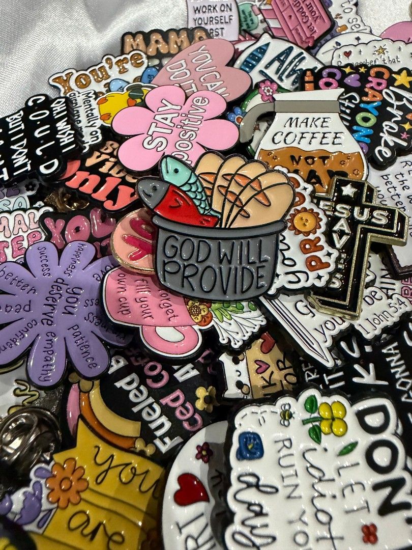 Motivational Brooch Pins (Category: Brooches) located in Pateros City. Submitted by lovealy_07 (Listing ID 1462624565, Image 1). Description: Brooch Pins 65 pesos each brand New for bag, clothes etc Pm for Available designs reseller only. no customization.