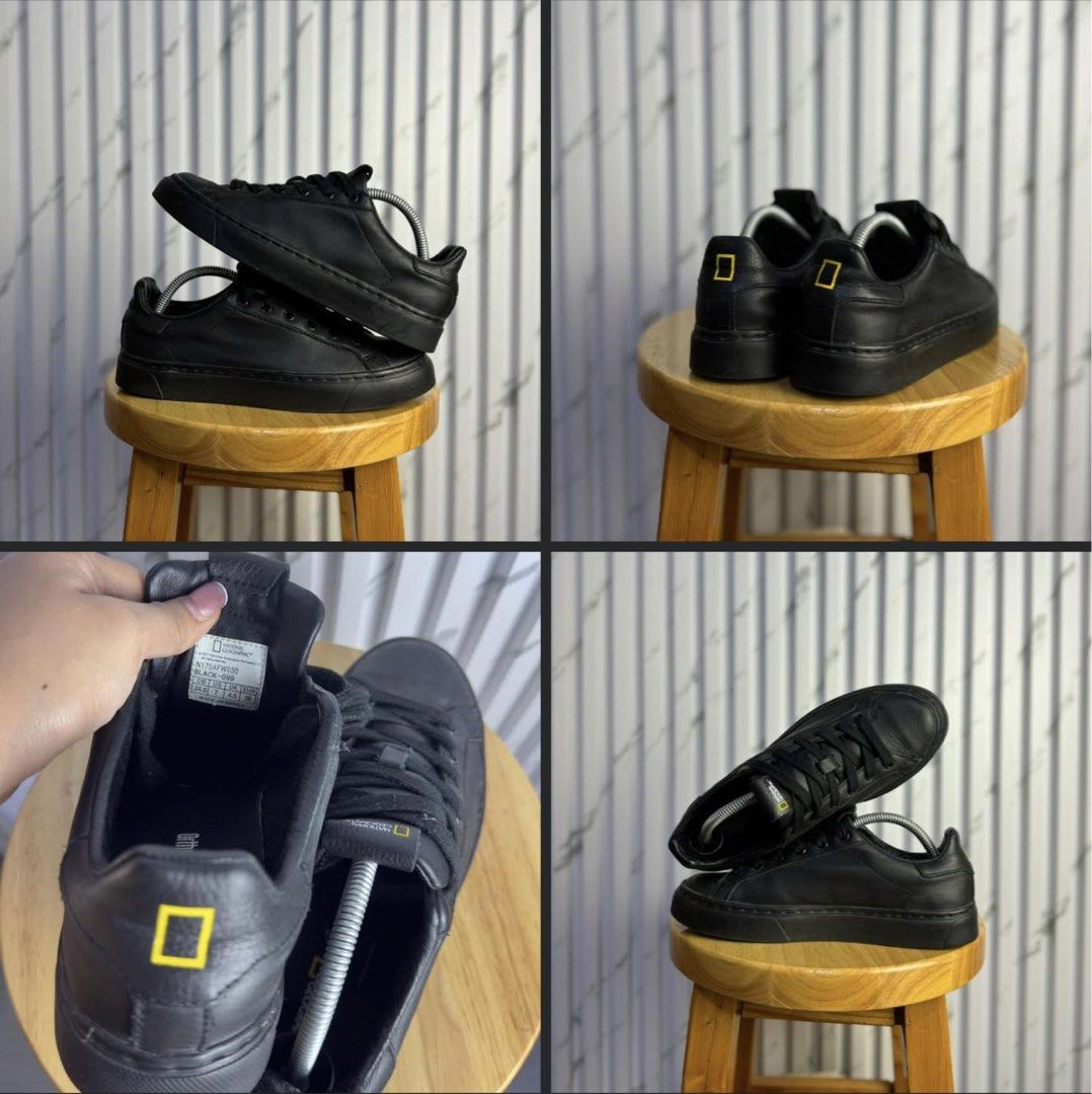 National Geographic Black Leather Sneakers (Category: Sneakers) located in Caloocan City. Submitted by mzcollection_349 (Listing ID 1462445723, Image 1). Description: - Brand: National Geographic - Color: Black - Material: Leather - Style: Low-top sneakers - Design: Clean, versatile for casual wear - Features: Signature yellow square logo on heel and tongue, lace-up closure.