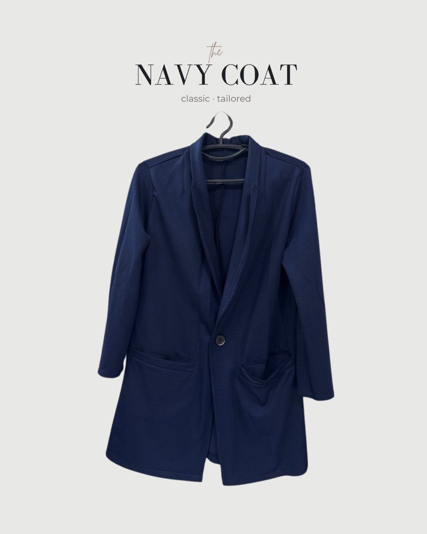 Longline Single Button Navy Blue Coat | Petite XS (Category: Coats, Jackets and Outerwear) located in Bulacan. Submitted by _bythepetitecollective (Listing ID 1462521087, Image 1). Description: A classic navy blue coat in an XS size with a flattering above-the-knee length. Its timeless silhouette makes it easy to style over dresses, skirts, trousers, or everyday outfits. A versatile outerwear piece that works beautifully for a polished, feminine 