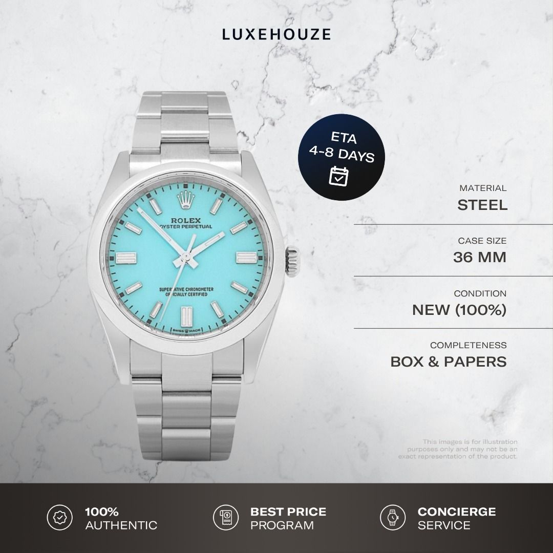 New Aug 2026 Rolex Oyster Perpetual 36 126000 Turquoise Blue Dial Oyster (Category: Watches) located in Singapore. Submitted by luxehouze (Listing ID 1462294709, Image 1). Description: Luxehouze is your trusted marketplace to buy and sell luxury goods. Luxehouze SG Pte Ltd is a licensed luxury goods marketplace and regulated dealer. WHY US? 100% Authentic with Money-Back Guarantee Best Price Program* Curated Collection * T&Cs apply. OUR SERVICES 