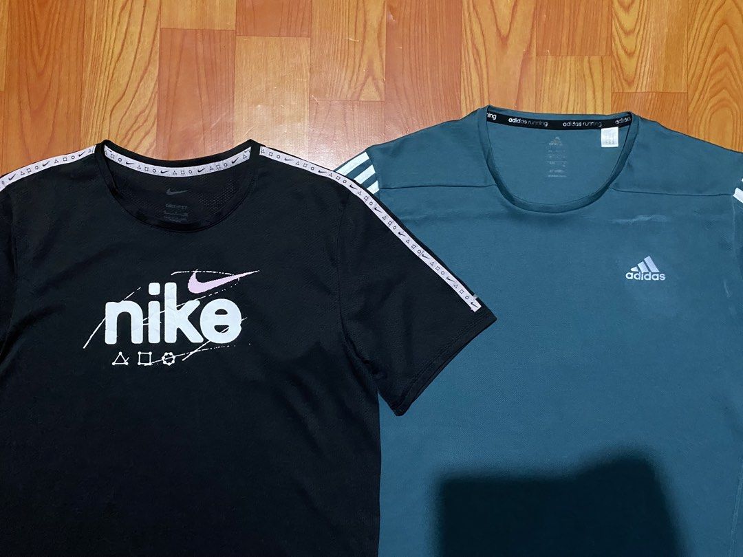 Nike & Adidas T-shirts Bundle (Category: Activewear) located in Cebu City. Submitted by monflor (Listing ID 1462593704, Image 2). Description: - Black Nike T-Shirt (Size small) with front graphic print - Teal Adidas T-Shirt (Size medium) with classic sleeve stripes - Both are short-sleeved and made for active wear - Ideal for sports, workouts, or everyday casual style - Great value bundle for two popular brands Good Condition No issue Price each 