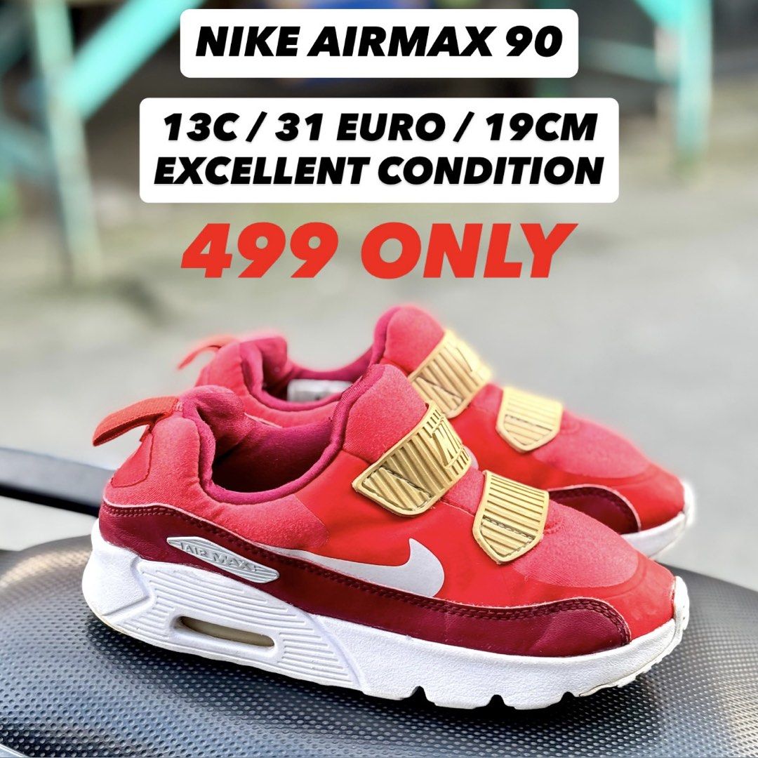 Nike Air Max 90 Kids (Category: Babies & Kids Fashion) located in San Fernando. Submitted by kickslocker (Listing ID 1462583929, Image 1). Description: - Red Nike Air Max 90 for kids - Size: 13C (31 Euro / 19cm) - Condition: Excellent - Features: Easy velcro straps for quick on/off - Ideal for: Active and stylish little ones.