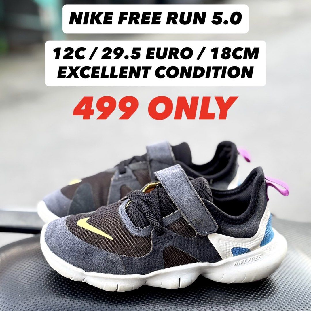 Nike Free Run 5.0 Toddler (Category: Babies & Kids Fashion) located in San Fernando. Submitted by kickslocker (Listing ID 1462581661, Image 1). Description: - Nike Free Run 5.0 for toddlers - Size: 12C (29.5 EUR / 18CM) - Color: Black and grey with yellow Nike swoosh - Features: Easy-on/off velcro straps - Ideal for: Active kids - Price: P499.