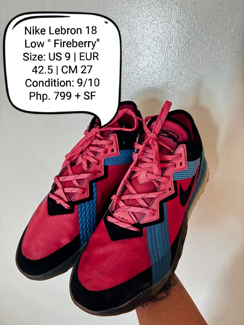 Nike Lebron 18 Low "Fireberry" US 9 (Category: Sneakers) located in Manila. Submitted by mugiwara14 (Listing ID 1462514009, Image 1). Description: - Nike Lebron 18 Low "Fireberry" - Size: US 9 / EUR 42.5 / CM 27 - Colorway: Vibrant pink and blue - Perfect for basketball or casual wear - Condition: Good, with minor signs of wear on soles - Price: Php 799 + Shipping Fee.
