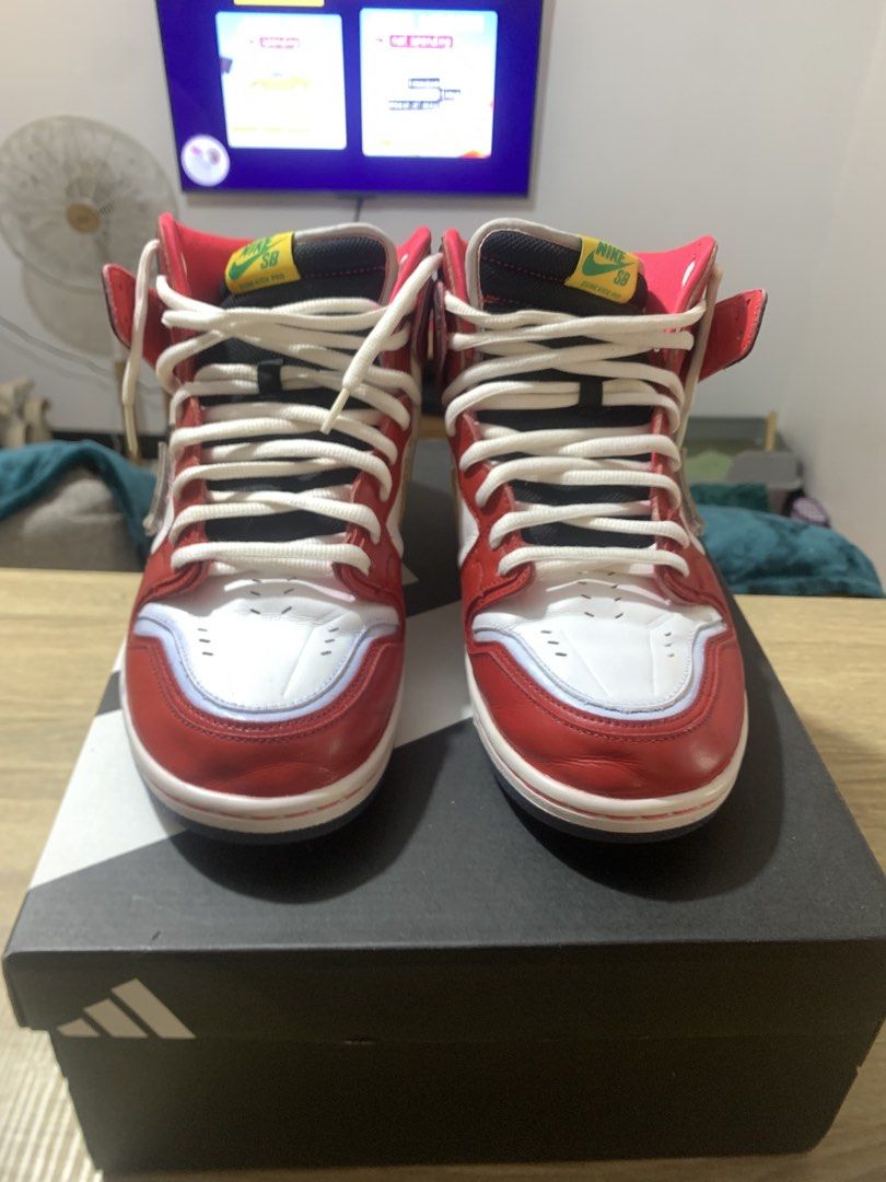 Nike SB Dunk High Gundam (Category: Sneakers) located in Mandaluyong City. Submitted by apolonio.draws-32895 (Listing ID 1462497377, Image 2). Description: - Nike SB Dunk High Gundam Unicorn (Custom) - Colorway: Red, White, and Gold accents (Chicago colorway) - Silhouette: High-top - Condition: Used, well maintained - Authentic - Size: US 10 RFS: Too small..