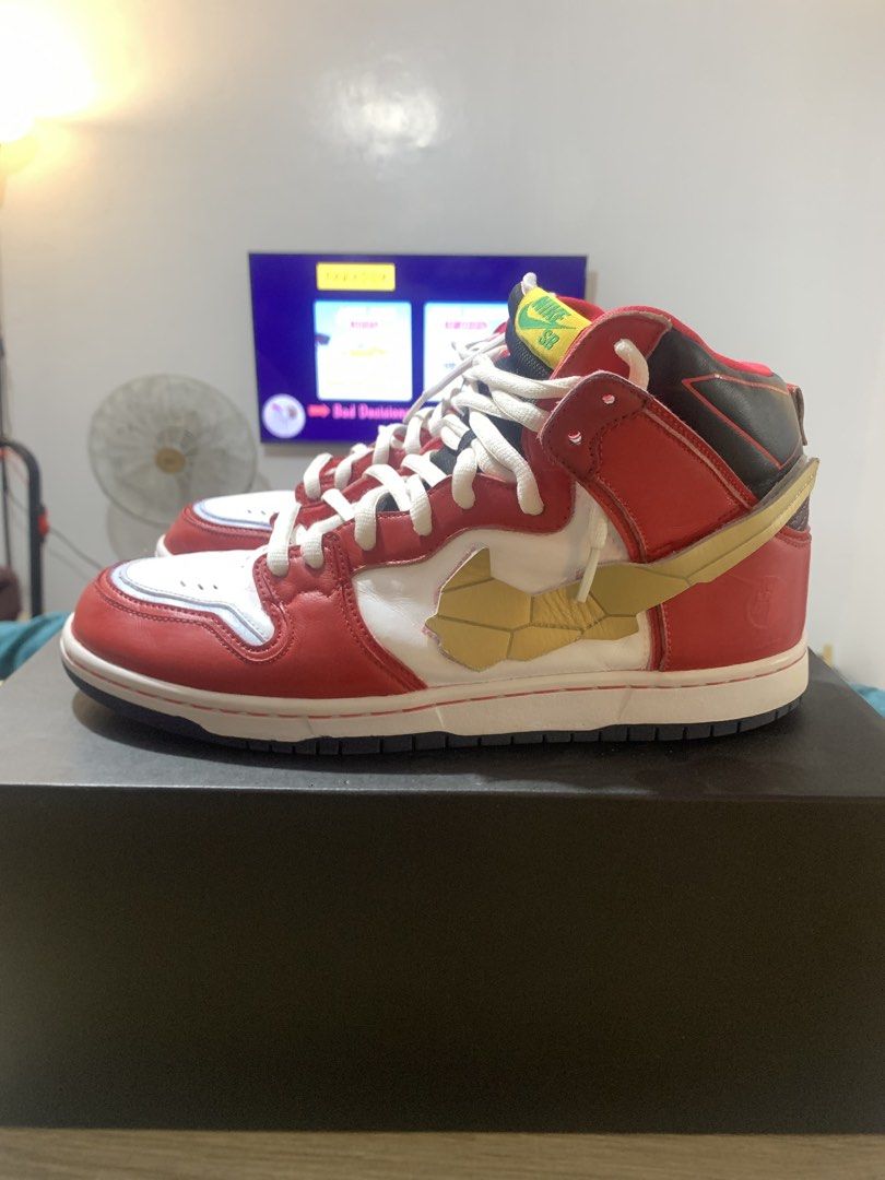 Nike SB Dunk High Gundam (Category: Sneakers) located in Mandaluyong City. Submitted by apolonio.draws-32895 (Listing ID 1462497377, Image 3). Description: - Nike SB Dunk High Gundam Unicorn (Custom) - Colorway: Red, White, and Gold accents (Chicago colorway) - Silhouette: High-top - Condition: Used, well maintained - Authentic - Size: US 10 RFS: Too small..