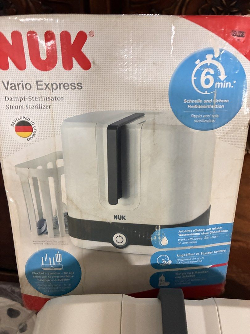 NUK Vario Express Steam Sterilizer (Category: Breastfeeding & Bottle Feeding) located in Taguig. Submitted by badoodles15 (Listing ID 1462457635, Image 1). Description: - NUK Vario Express Steam Sterilizer - Sterilizes in just 6 minutes - Chemical-free steam sterilization - Maintains sterility for 24 hours after unpacking - Flexible and expandable to fit various bottles and accessories - Developed in Germany.