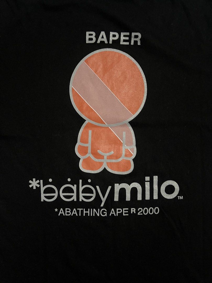 OG 2000’s Vintage BAPE “BAPER MILO” Tee (Category: Tshirts & Polo Shirts ) located in Navotas City. Submitted by yodailyplug (Listing ID 1462645303, Image 3). Description: Width 21” Length 29” Hairlines in front design Excellent Single stitch Nigo Era.