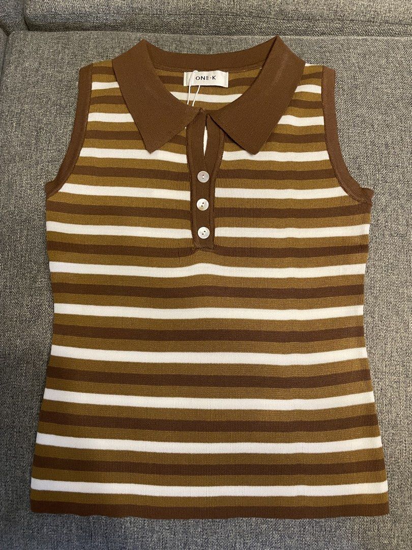 One K BKK Stripes Sleeveless Top (Category: Blouses) located in Quezon City. Submitted by mfordma (Listing ID 1462594290, Image 1). Description: BRAND NEW Originally bought for 599.00 Doing a little closet decluttering! ✨ Letting go of some pieces that are still in great condition and looking for a new home. 🤍 Brand: ONE-K Size: Free size Color: Brown/Cream/Tan Description: - Slightly stretchable ribbed knit sleeveless design - Brown, white, and