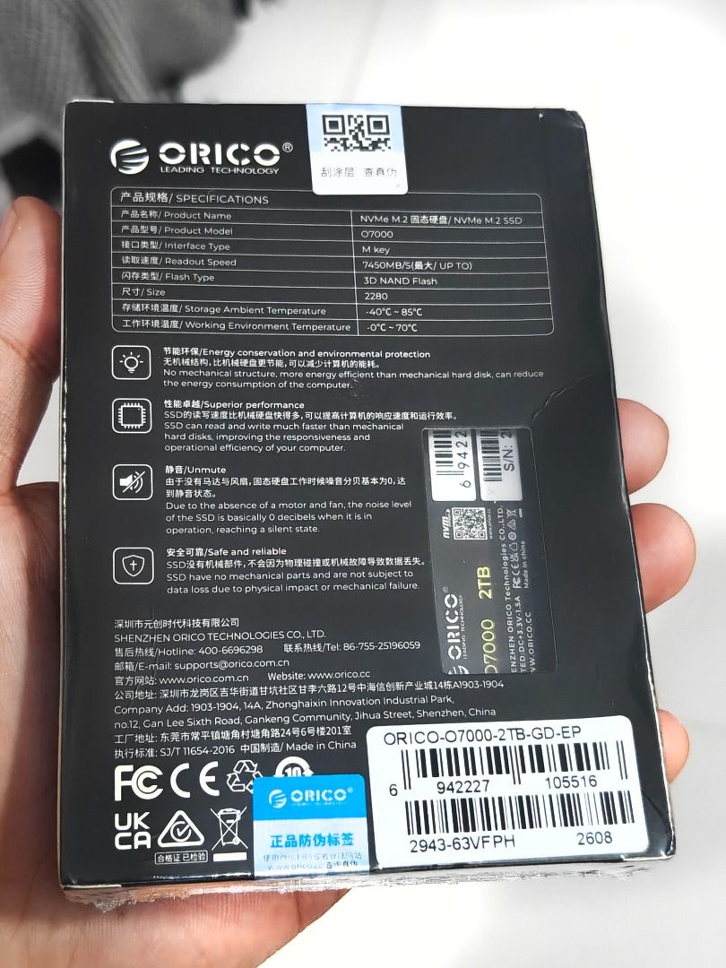 Orico 2TB PCIe 4.0 NVMe M.2 SSD 7450mbps O7000 (Category: Hard Disks & Thumbdrives) located in Cainta. Submitted by nicogarciano (Listing ID 1462572483, Image 2). Description: ✨ Orico O7000 2TB NVMe SSD - PCIe 4.0 x4 | Top-End Flagship ✨ Specs: * Form factor: M.2 2280 (PCIe 4.0 x4 interface) * Lianyuan 1602 + Selected Original Changjiang Chips * Sequential read speed: up to 7,450 MB/s * Sequential write speed: up to 6,600 MB/s * Capacity: 2TB Bra