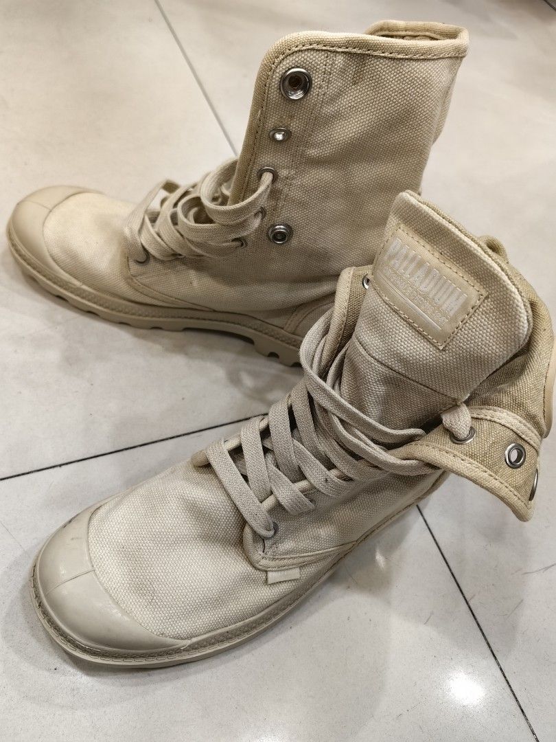 Palladium Beige Canvas Lace-Up Boots (Category: Boots) located in Quezon City. Submitted by flat.earther23 (Listing ID 1462455990, Image 1). Description: - Palladium high-top boots - Neutral beige canvas - Lace-up closure - Foldable collar - Made in Indonesia - Size: 38 EU / 7 US.