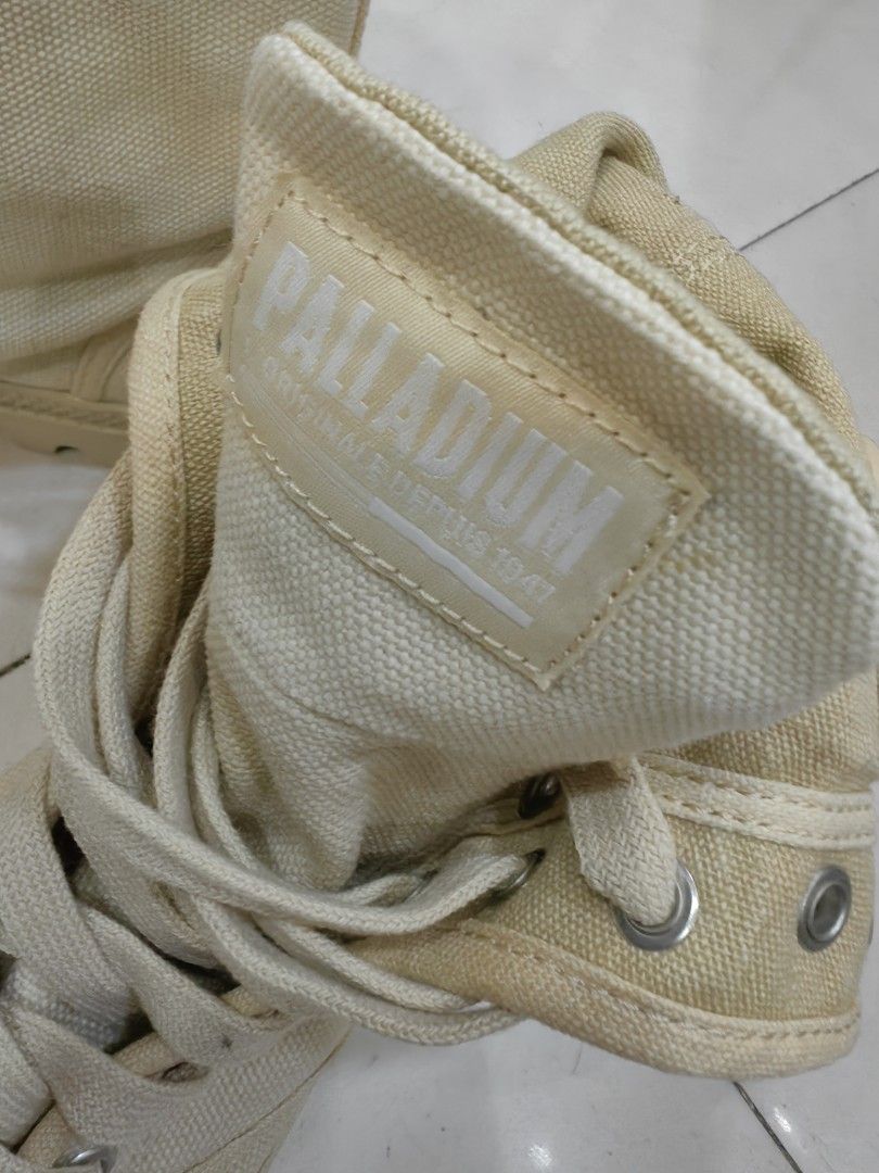Palladium Beige Canvas Lace-Up Boots (Category: Boots) located in Quezon City. Submitted by flat.earther23 (Listing ID 1462455990, Image 2). Description: - Palladium high-top boots - Neutral beige canvas - Lace-up closure - Foldable collar - Made in Indonesia - Size: 38 EU / 7 US.