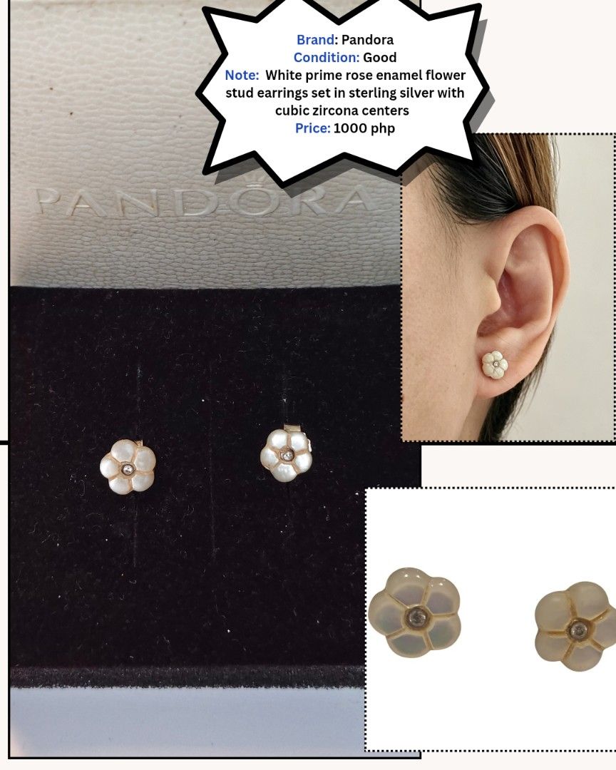 Pandora stud earrings (Category: Earrings) located in Manila. Submitted by rewear.shop (Listing ID 1462494158, Image 1). Description: *needs cleaning. Cleaning is free at Pandora stores *cute for little girls & teens.