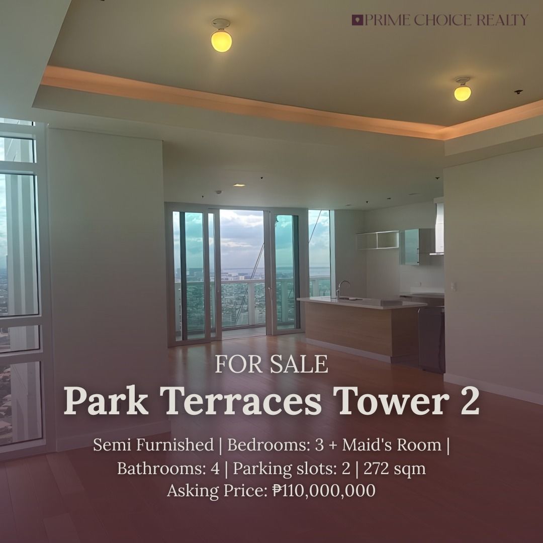 Park Terraces Tower 2 (Category: Apartments & Condos) located in Quezon City. Submitted by primechoicerealtyinc (Listing ID 1462521136, Image 1). Description: FOR SALE Park Terraces Tower 2 Unit Details: • Penthouse Unit • 3 Bedrooms + Maid’s Room • Floor Area: 272 sqm • Balcony Area: 26 sqm • 4 Bathrooms • 2 Parking Slots • 2 Balconies • Powder Room • Walk-in Closet • Utility Room • Semi-Furnished Asking Price: ₱110,000,000 Gross Contact us for 