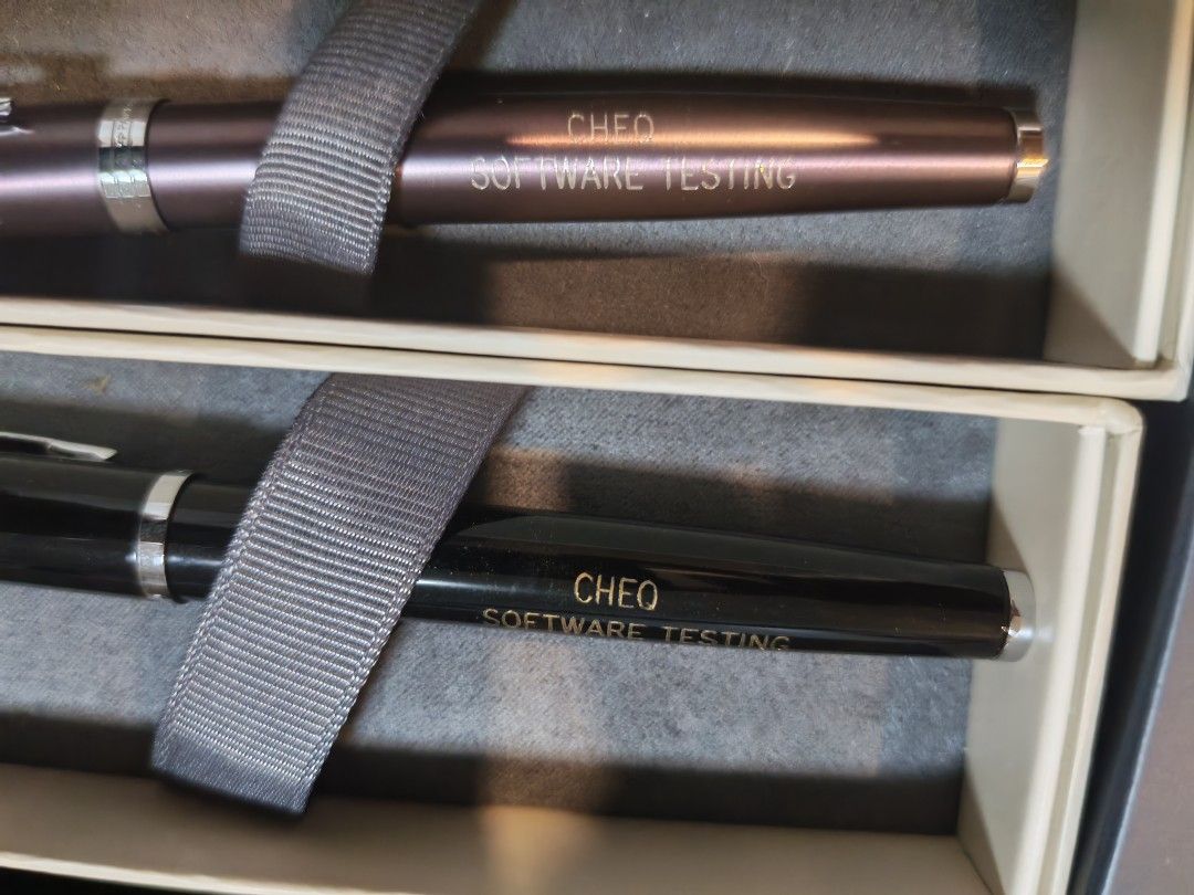 Parker IM Pens - Set of 2 (Category: Stationery & School Supplies) located in Manila. Submitted by GentleGiant (Listing ID 1462643733, Image 3). Description: - Set of 2 Parker IM pens - One Rose Gold pen engraved with 'ANA' - One Black pen engraved with 'AMY' -600 each - Both pens engraved with 'CHEO SOFTWARE TESTING' - Includes original box - Ideal for gifting or personal use.