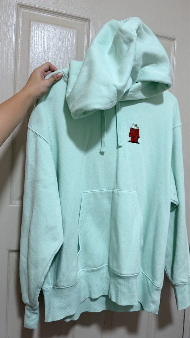 Peanuts Snoopy Mint Green Hoodie in M (Category: Hoodies) located in Quezon City. Submitted by bunnybunbunn (Listing ID 1462613587, Image 1). Description: - Like New. Used twice - Bought in Japan 2022 - See last photo for a marked stain.