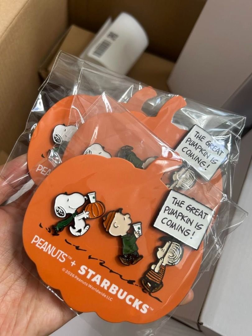 Peanuts x Starbucks Halloween Pins (Category: Character Goods) located in Balanga. Submitted by innerbeautycloset (Listing ID 1462515223, Image 1). Description: - Limited Edition Peanuts x Starbucks Collaboration Pins - Features Snoopy, Charlie Brown, and Linus - Halloween Theme: Pumpkin shaped pins - Slogan: "The Great Pumpkin is Coming!" - Ideal for Peanuts and Starbucks collectors - Comes in original packaging.